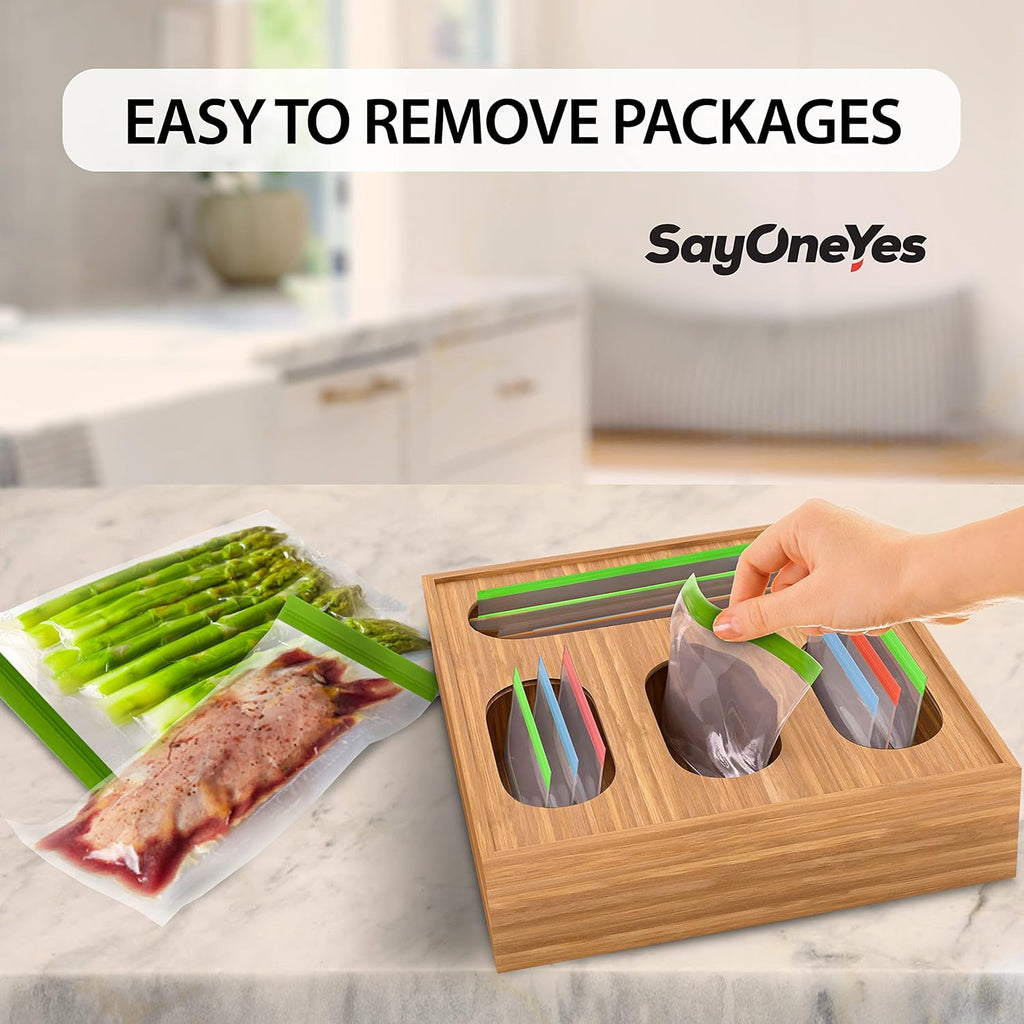 Sayoneyes Ziplock Bag Organizer for Drawer - Premium Bamboo Plastic Bag Storage Organizer for Kitchen – Compatible with Ziploc, Glad, Hefty, Solimo for Gallon, Quart, Sandwich & Variety Siz