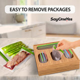 SAYONEYES Foil and Plastic Wrap Organizer 2 in 1 - Premium Bamboo Plastic Wrap Dispenser with Cutter and Labels – Aluminum Foil Organization and Storage Holder for 12 Inch Roll