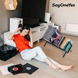 SAYONEYES Vinyl Record Storage – Mate Black Vinyl Record Holder 80 to 100 LP Capacity - Durable Metal Single Tier Record Holder for Albums, Books, Magazine and Office Files