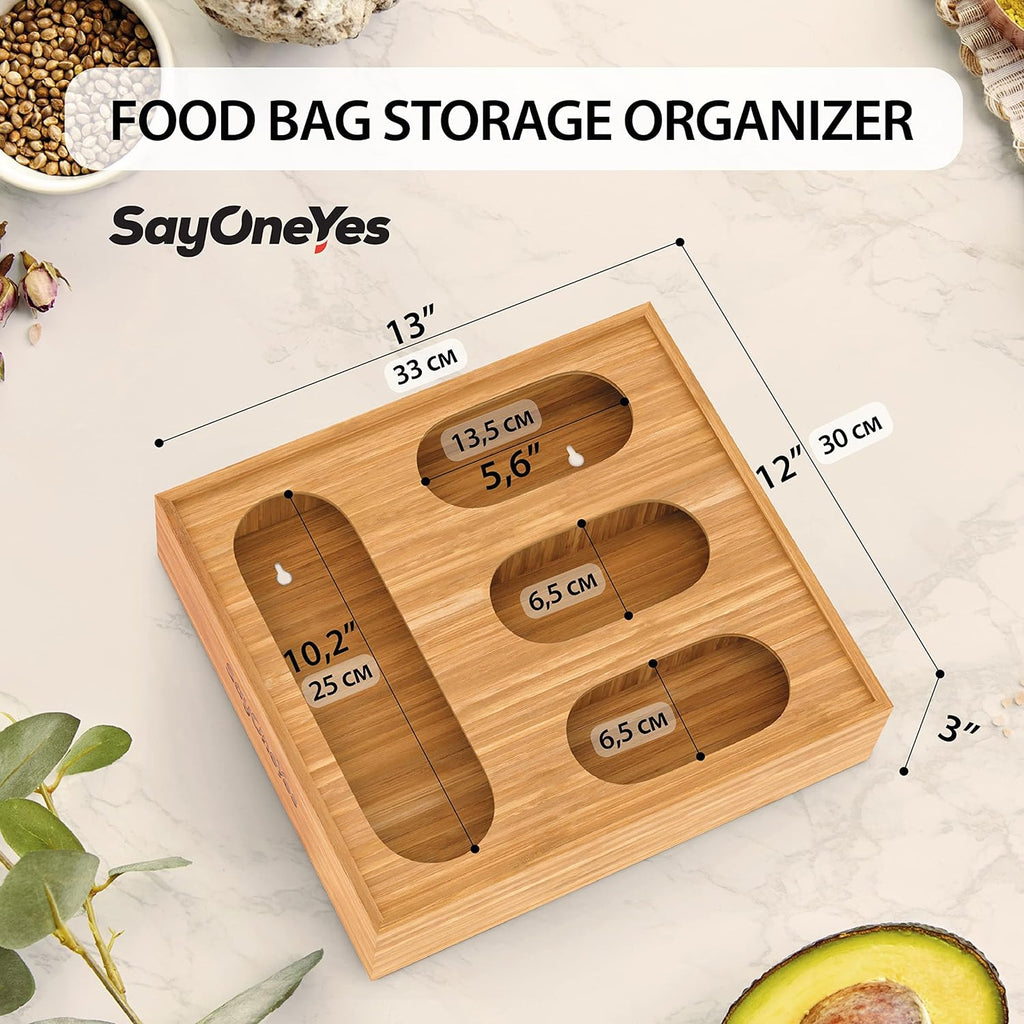 Sayoneyes Ziplock Bag Organizer for Drawer - Premium Bamboo Plastic Bag Storage Organizer for Kitchen – Compatible with Ziploc, Glad, Hefty, Solimo for Gallon, Quart, Sandwich & Variety Siz